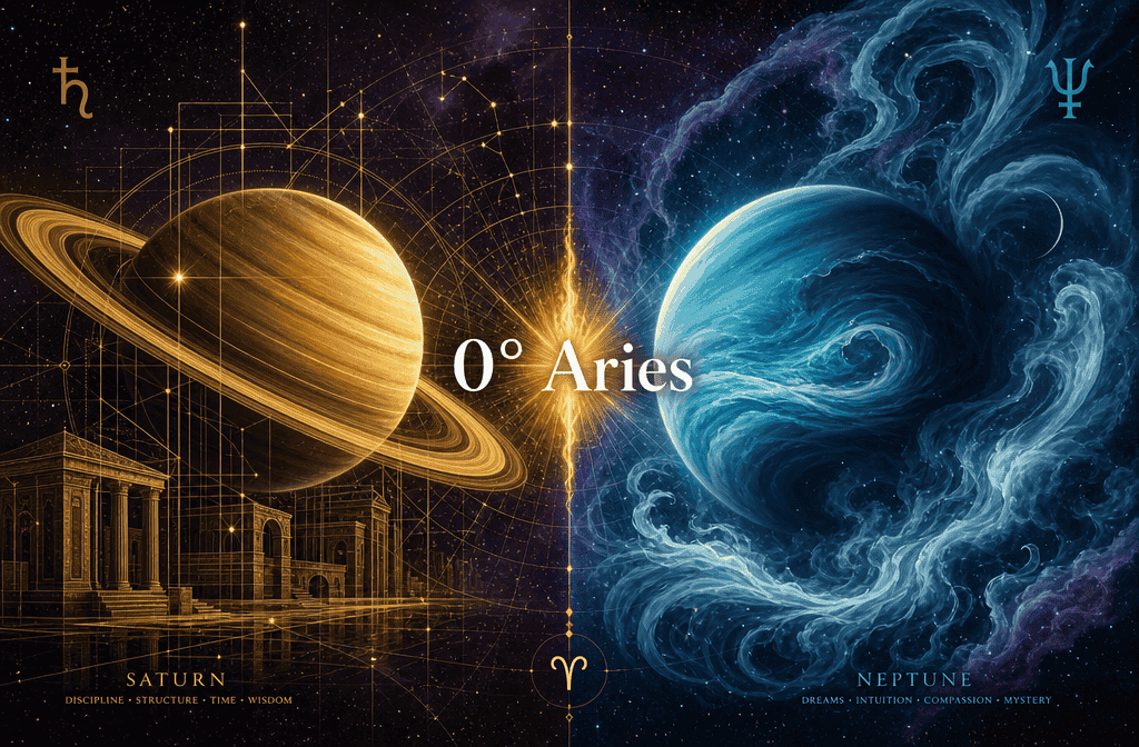 () split-panel concept illustration: left side shows Saturn as a ringed golden planet radiating structured geometric grid