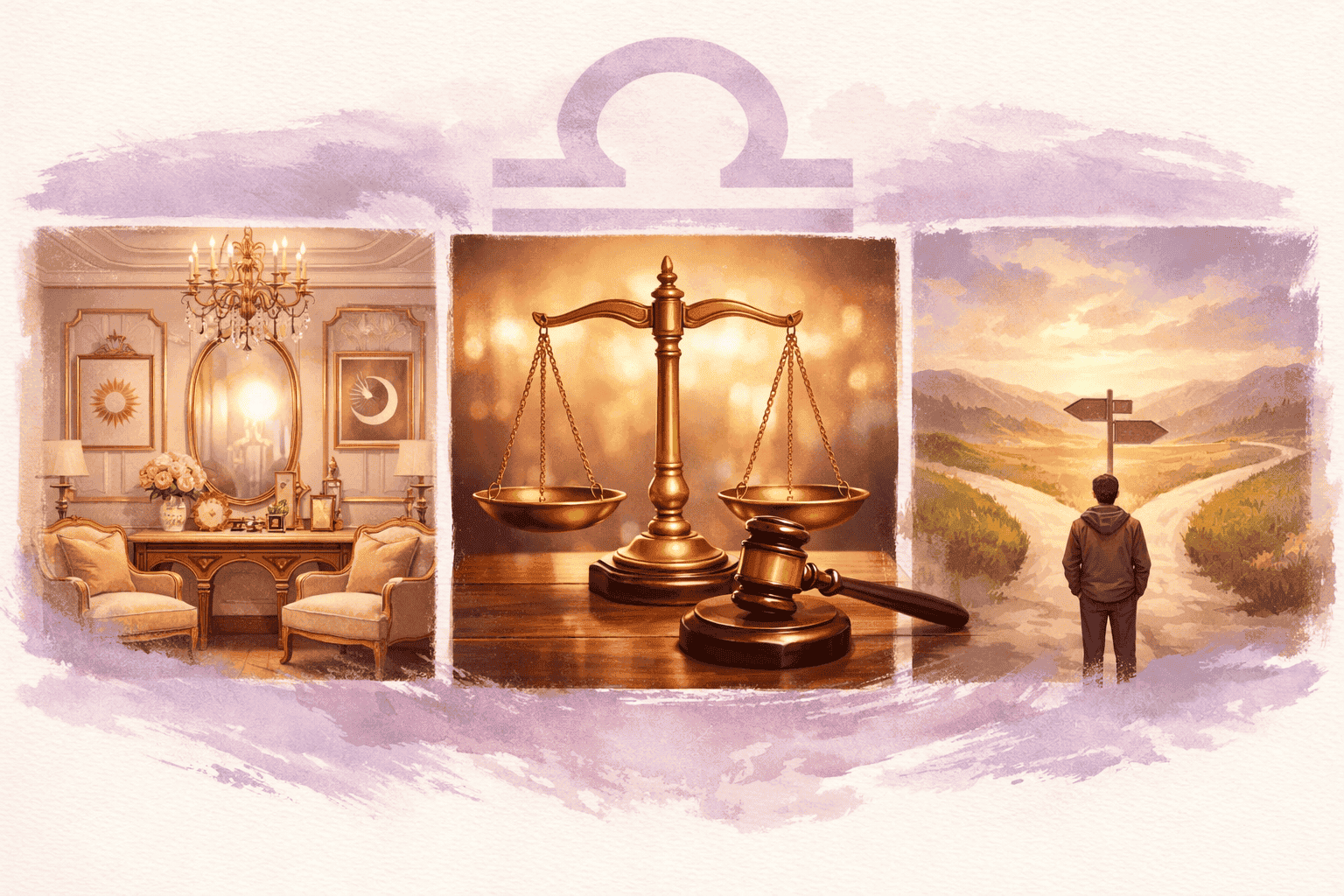 () split-panel concept image showing Libra's core personality traits: left panel depicts a beautifully decorated interior