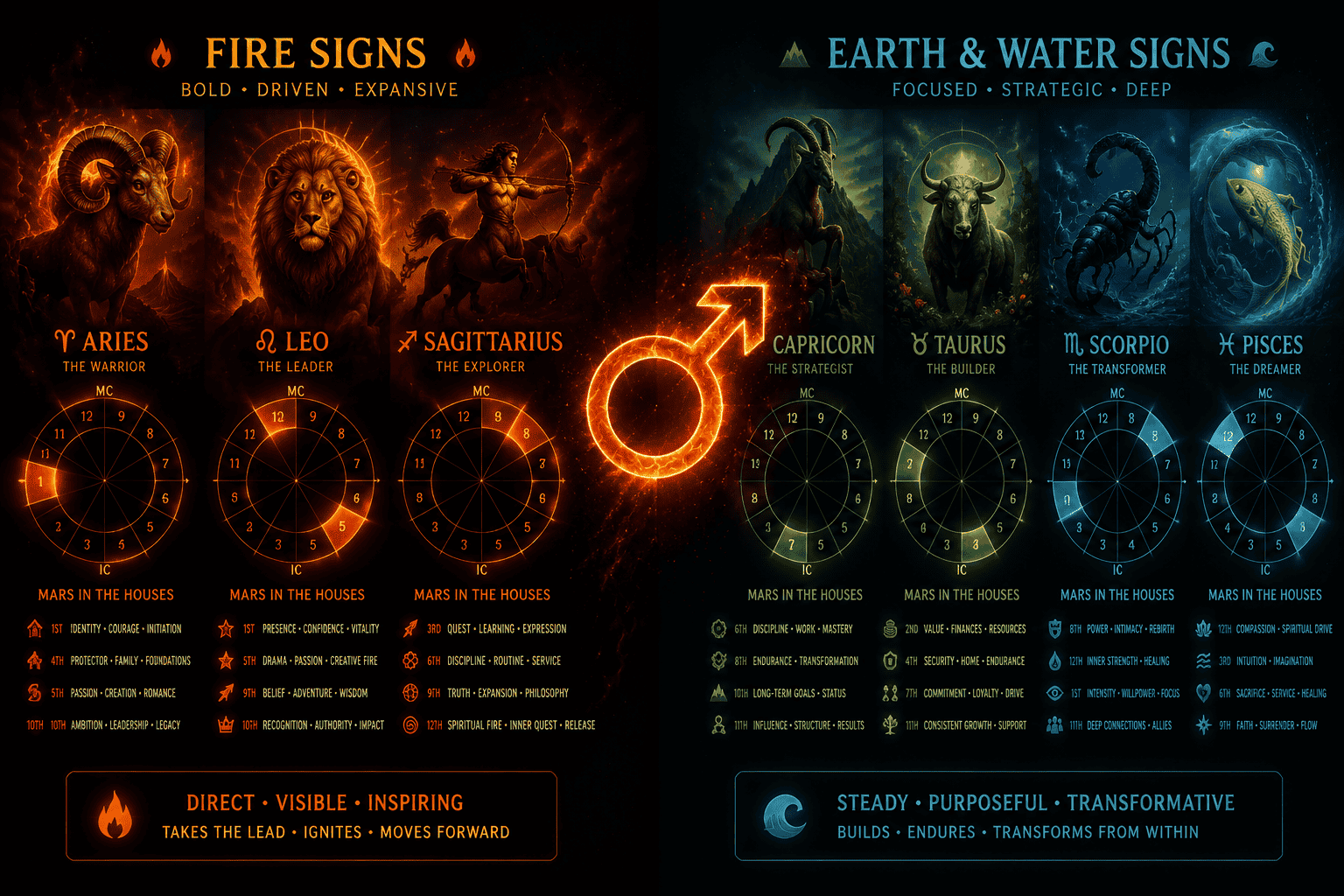 () split-panel illustration comparing fire signs (Aries, Leo, Sagittarius) on left with their natal chart house activations