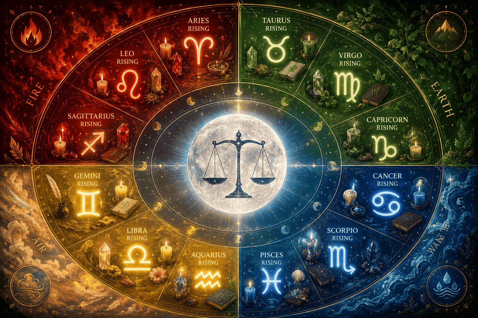 () split-panel illustration showing 12 rising sign symbols arranged in a circular zodiac wheel, each quadrant glowing in its