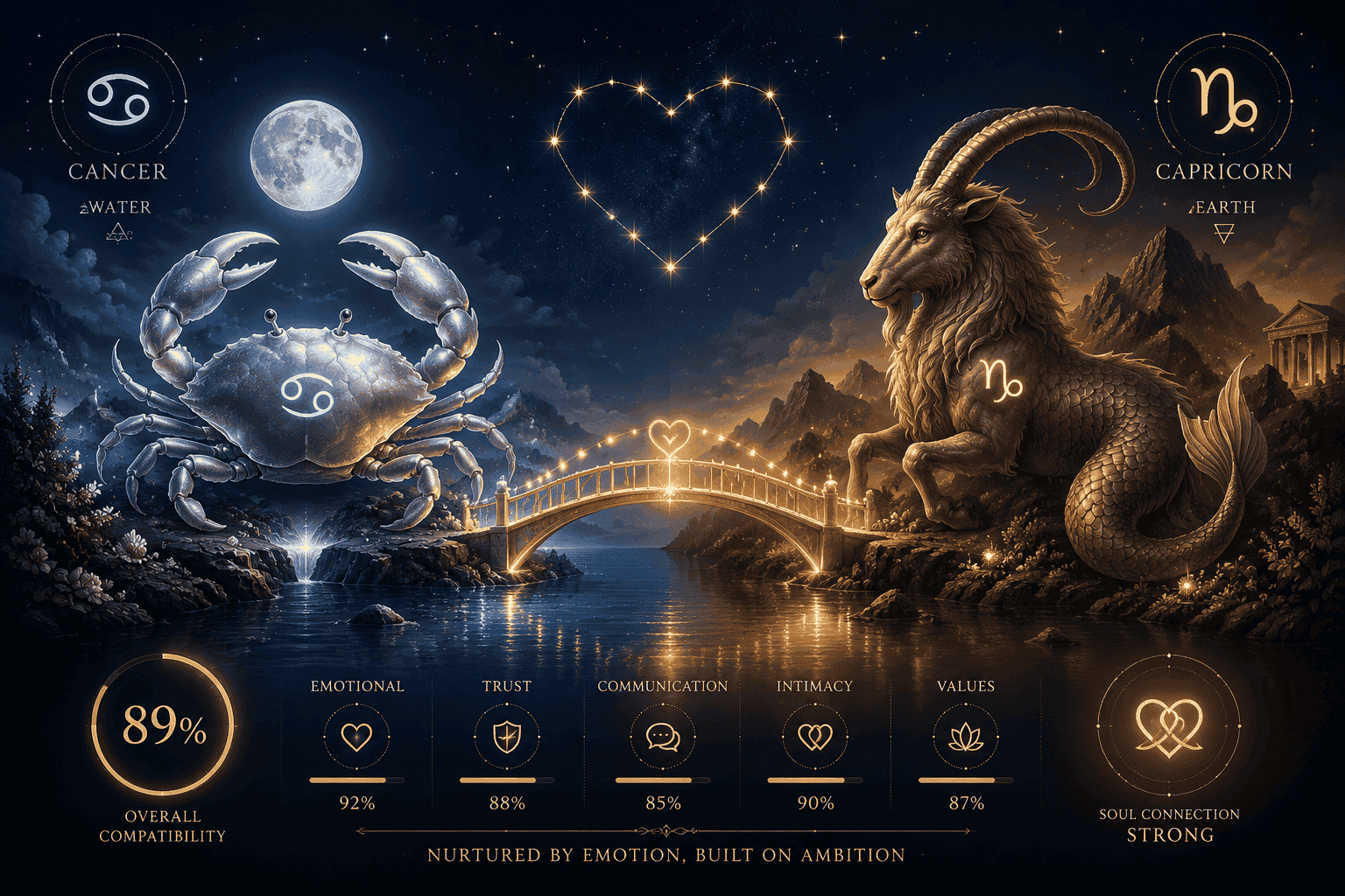 () split-panel illustration showing Cancer crab symbol in soft silver moonlight on left side and Capricorn sea-goat symbol