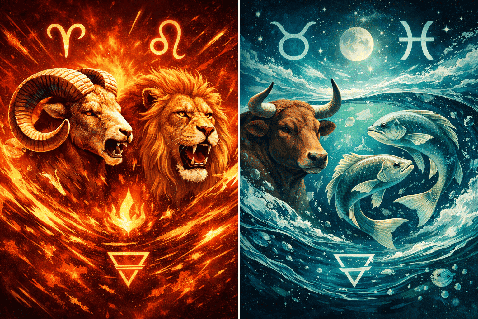 () split-panel illustration showing two contrasting personality profiles side by side: left panel features a fiery Aries-Leo