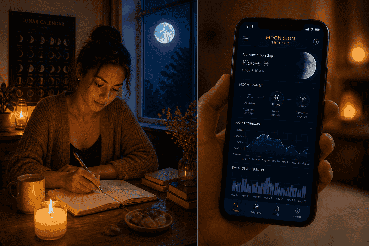 () split-panel image: left side shows a serene woman journaling by candlelight with a moon phase calendar on the wall, right