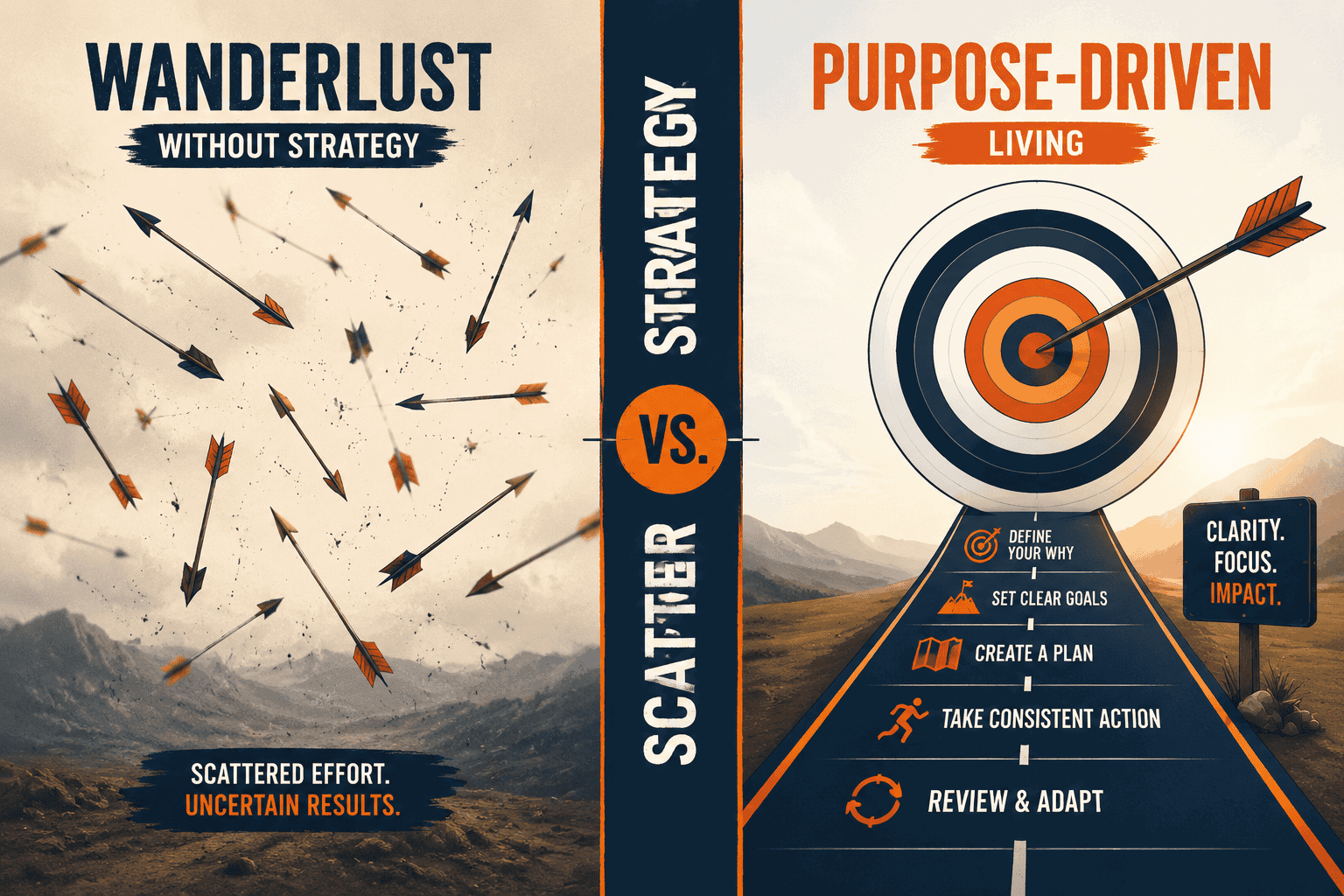 () split-panel infographic design showing two contrasting scenes: left panel depicts scattered arrows flying in random