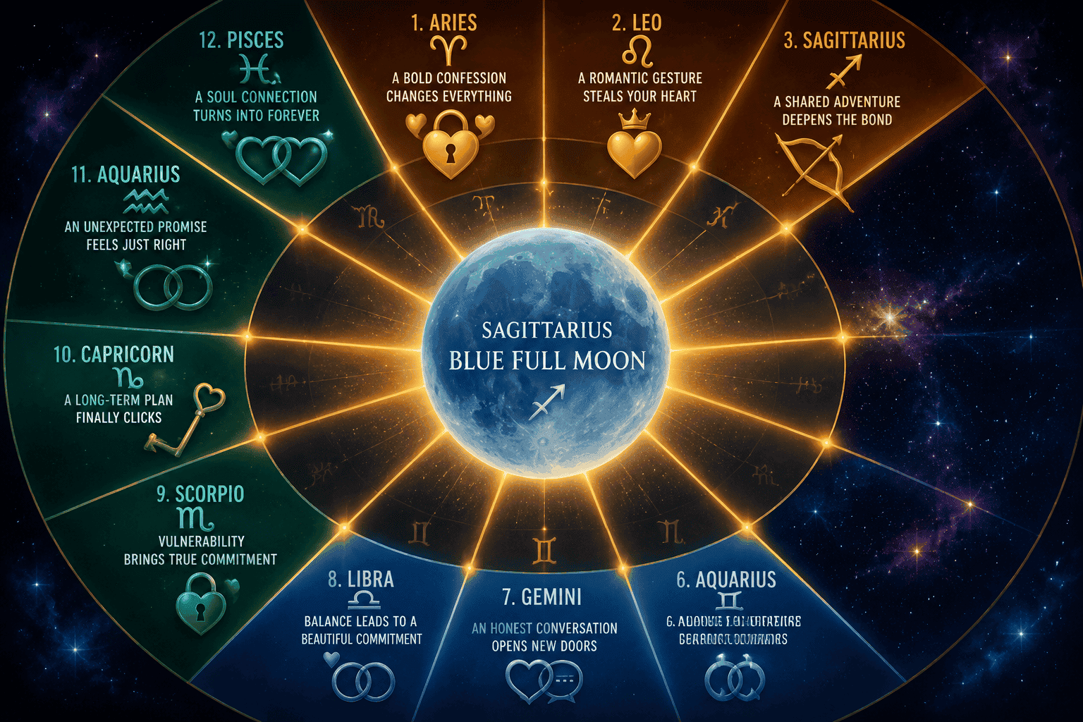 () split-panel infographic showing 12 zodiac signs arranged in a circular wheel with the Sagittarius Blue Full Moon at