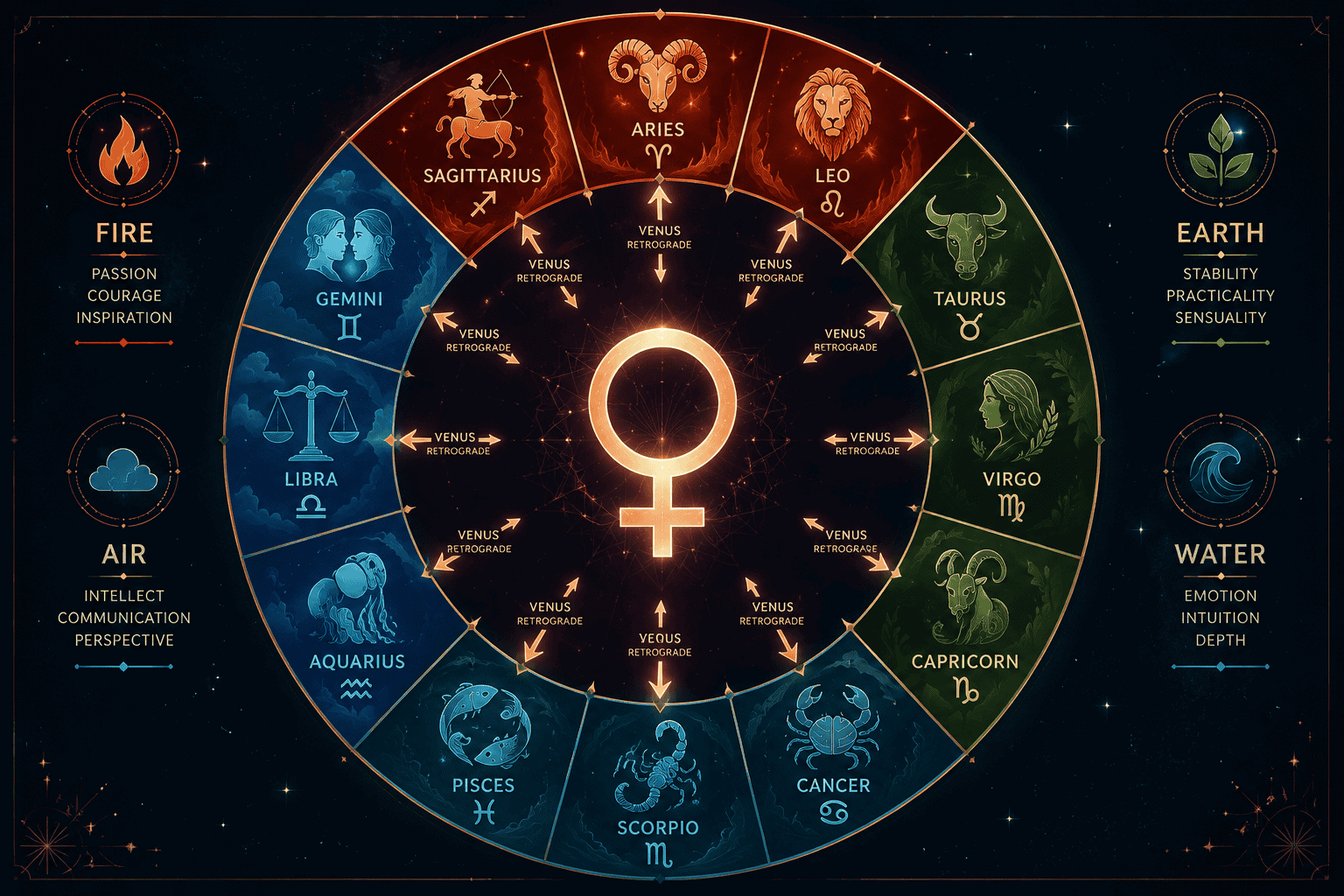 () split-panel infographic showing all 12 zodiac signs arranged in a circular wheel with Venus retrograde arrows pointing