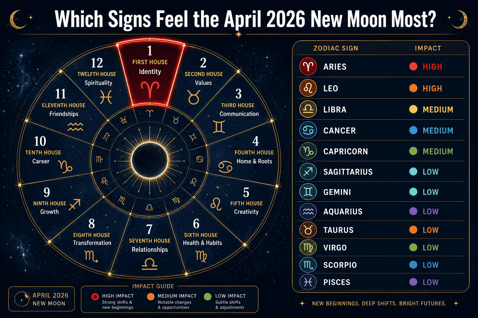 () split-panel infographic showing twelve zodiac wheel segments, each labeled with a house number and brief keyword (e.g.,