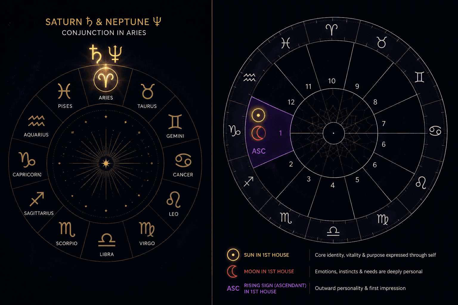 () split-panel infographic-style image: left side shows twelve zodiac sign symbols arranged in a circle with Saturn and