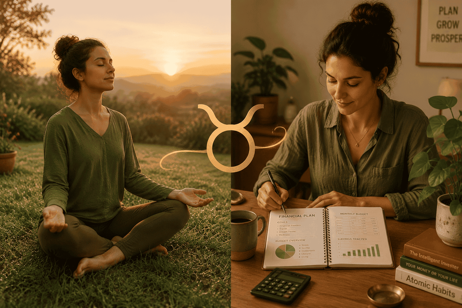 () split-panel lifestyle scene: left panel shows a person doing grounding barefoot yoga on dewy morning grass with eyes