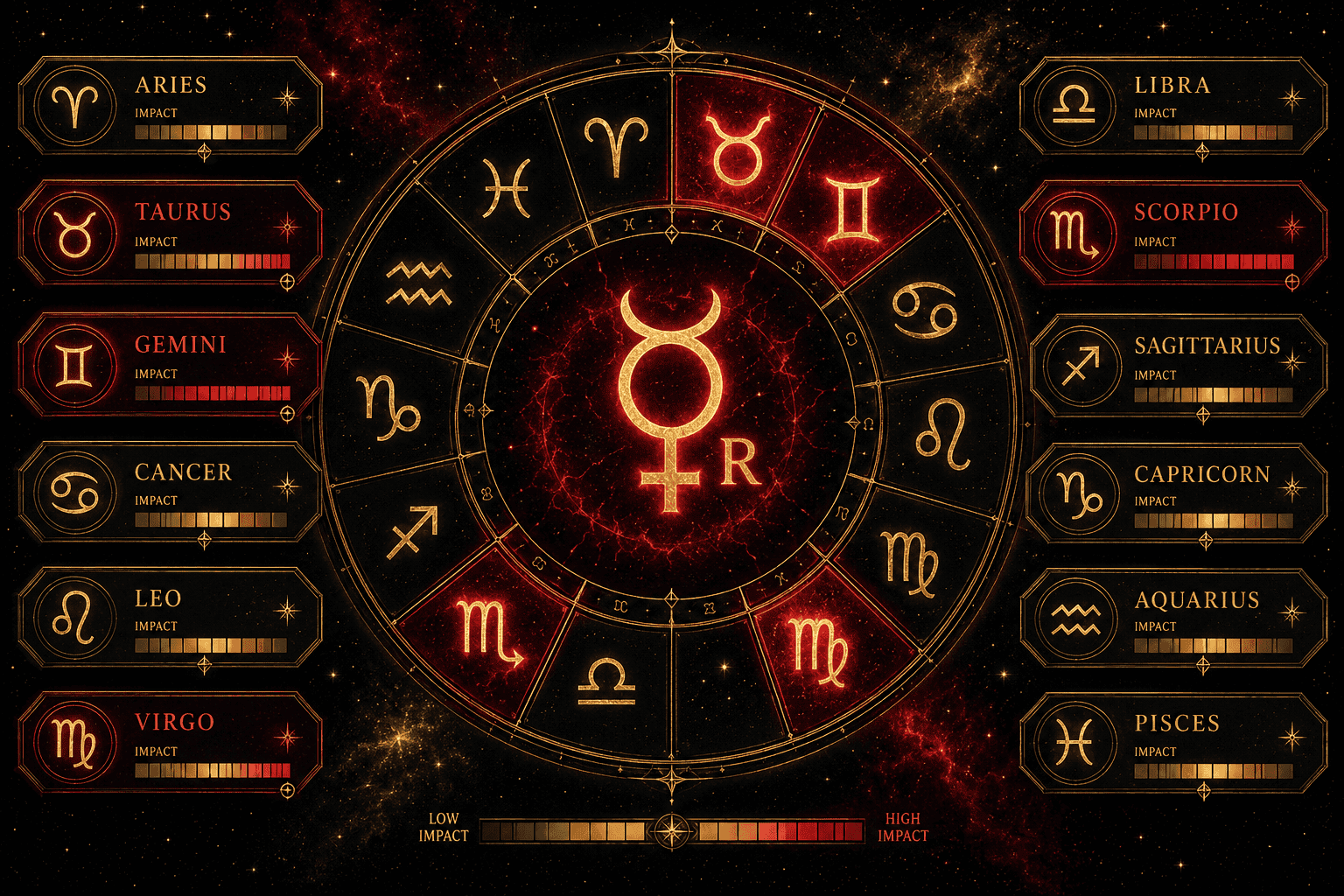 () split-panel zodiac wheel illustration showing all 12 signs arranged in a circle with Scorpio, Taurus, Gemini, and Virgo