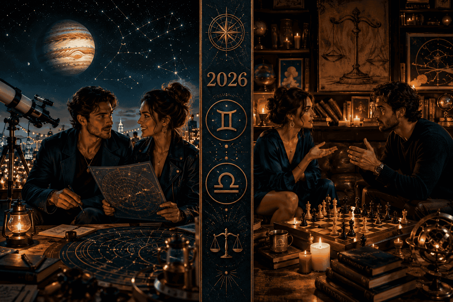 () split-scene composition: left side shows a Gemini-Libra couple at a rooftop stargazing event with telescopes and