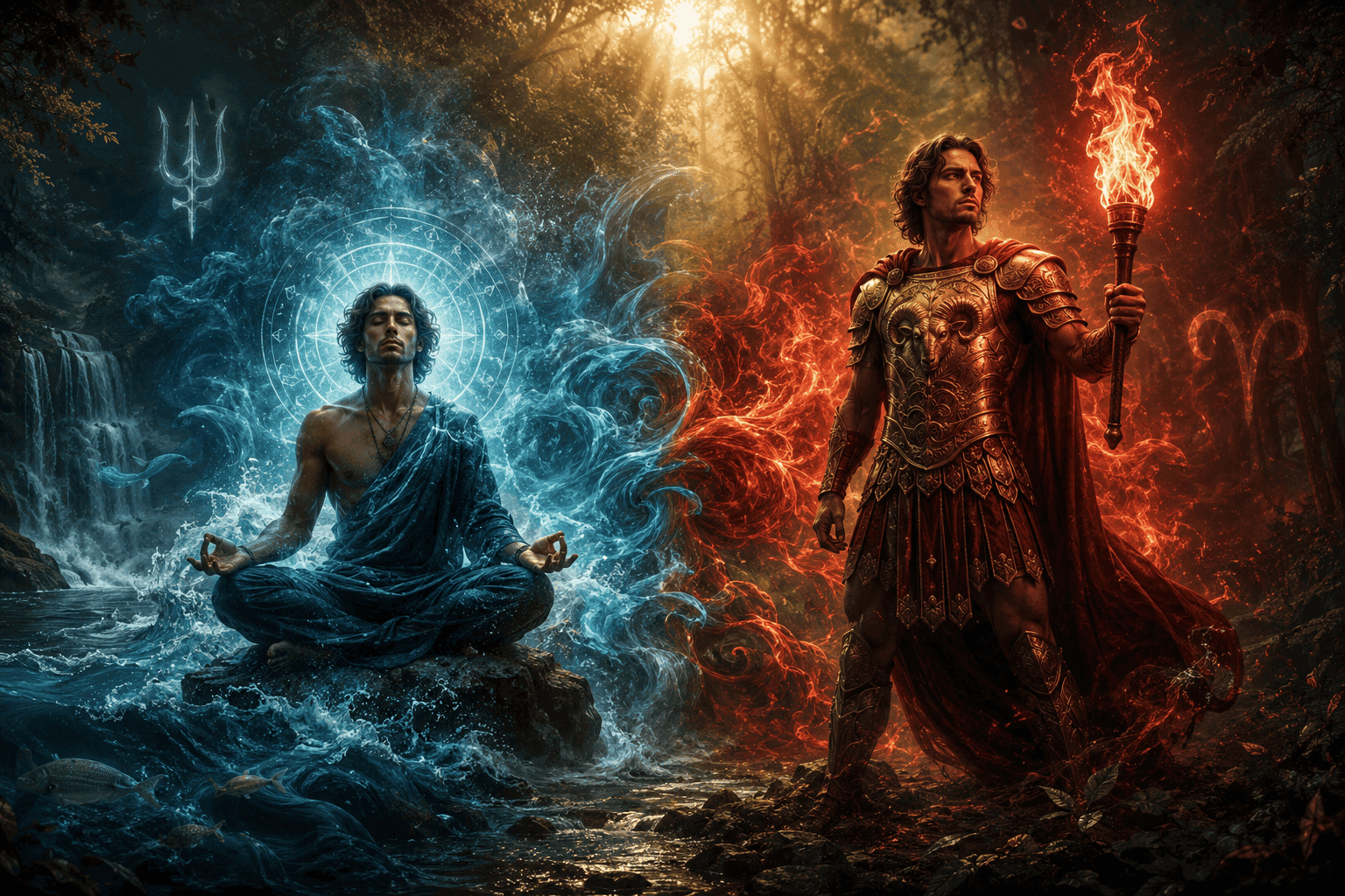 () split-scene composition: left side shows a meditating figure in lotus pose surrounded by soft blue Neptune mist and ocean