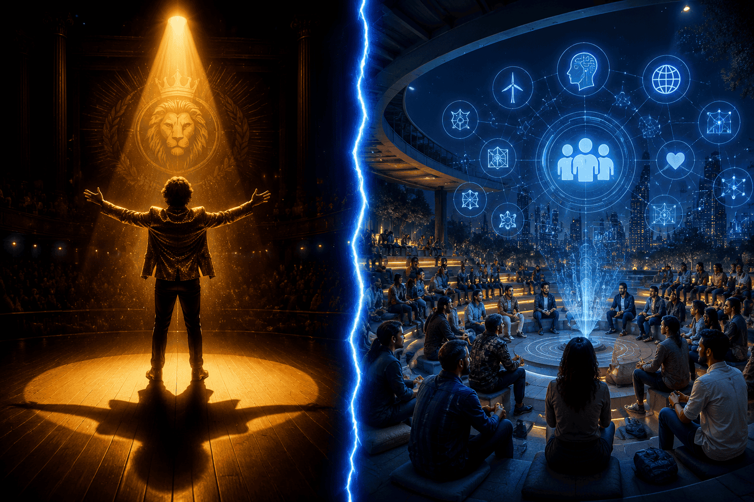 () split-scene composition showing left side a single golden spotlight on a lone performer on stage representing Leo South