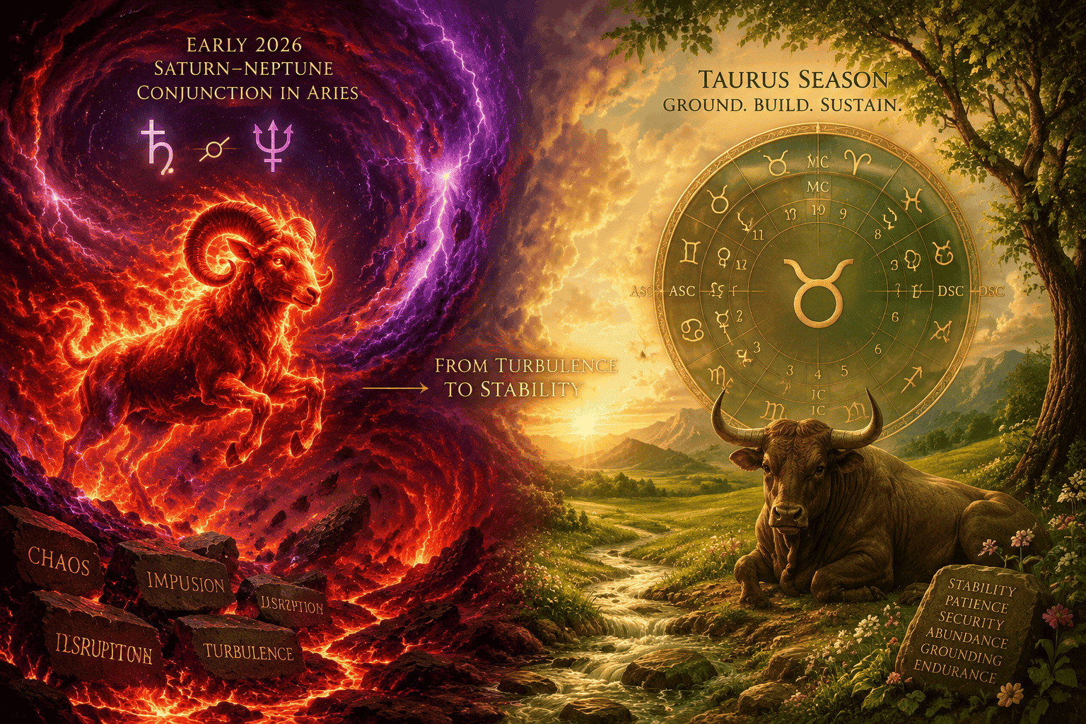 () split-scene illustration contrasting the chaotic Aries fire energy of early 2026 Saturn-Neptune conjunction (left side: