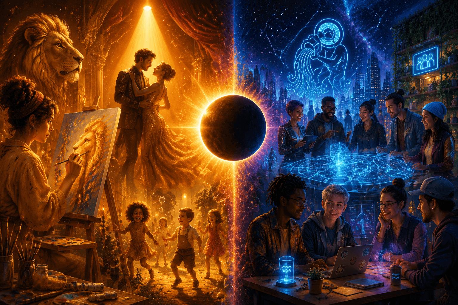 () split-scene illustration: left side shows Leo 5th house themes — a creative artist painting on canvas, romantic couple
