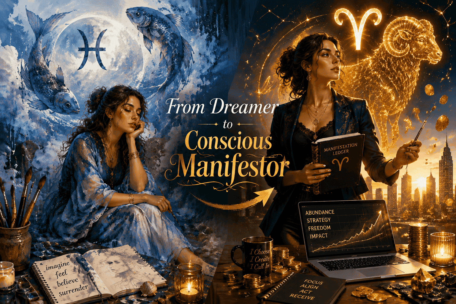 () split-scene illustration: left side shows a dreamy watercolor Pisces figure in soft blues surrounded by fog and artistic