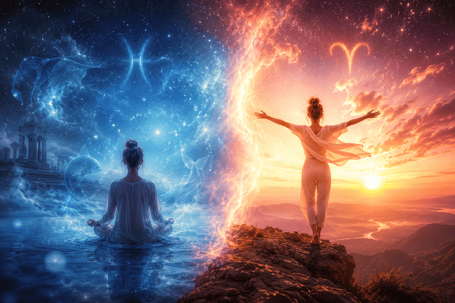 () split-scene image: left side shows a dreamy, soft-focus figure meditating in misty blue light (Neptune/Pisces energy),