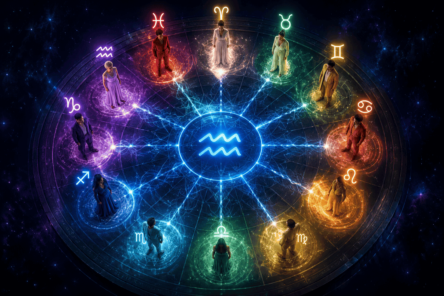 () top-down aerial view of twelve diverse human figures arranged in a zodiac wheel formation on a glowing circular platform,