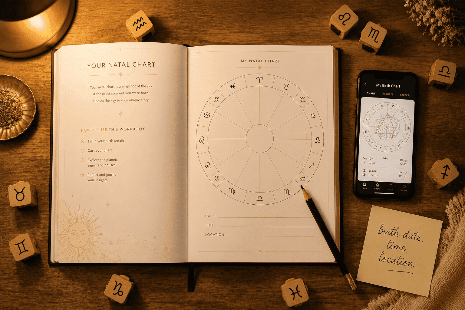 () top-down flat-lay composition of an open astrology workbook on a wooden desk showing a blank natal chart wheel, a pencil,