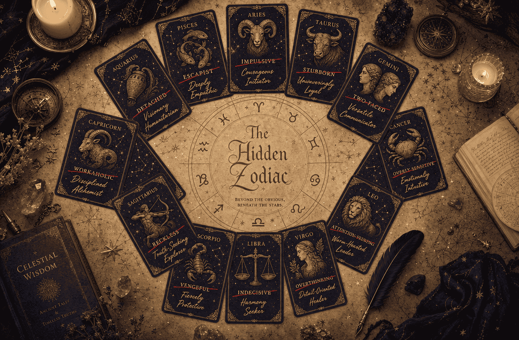 () top-down flat-lay style illustration of 12 zodiac sign cards arranged in a circle, each card showing a primary trait
