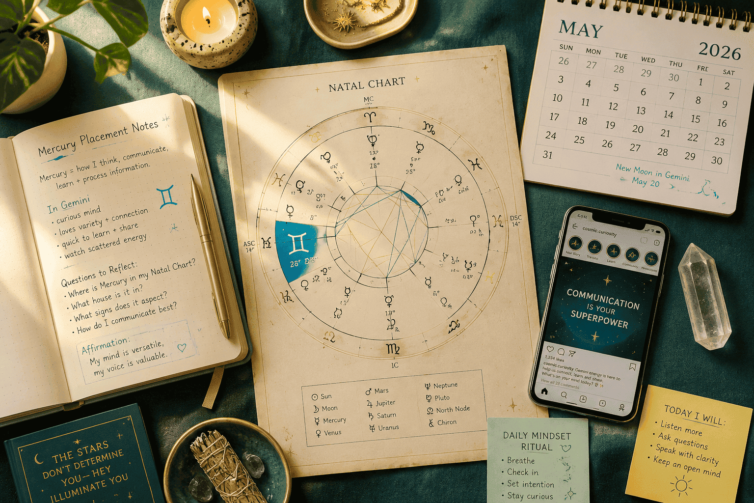 () top-down flat-lay style illustration of a beginner astrologer's workspace: an open natal chart wheel on parchment paper