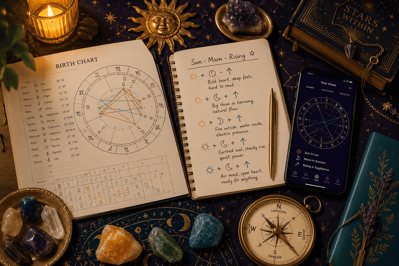 () top-down flat-lay style illustration of a celestial desk scene: open birth chart printout, a notebook with handwritten
