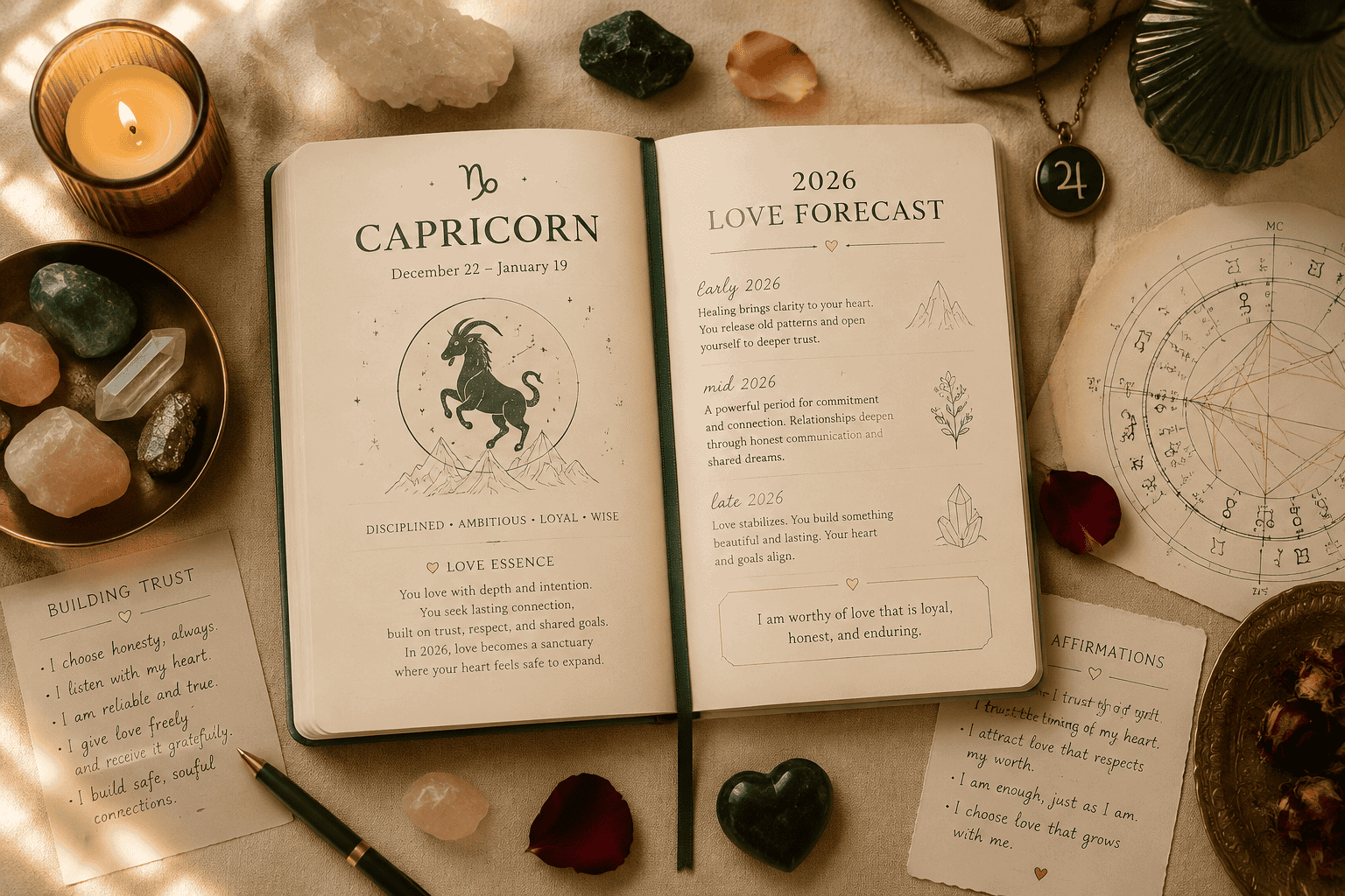 () top-down flat-lay style image of a Capricorn horoscope journal open to a 2026 love forecast page, surrounded by crystals,