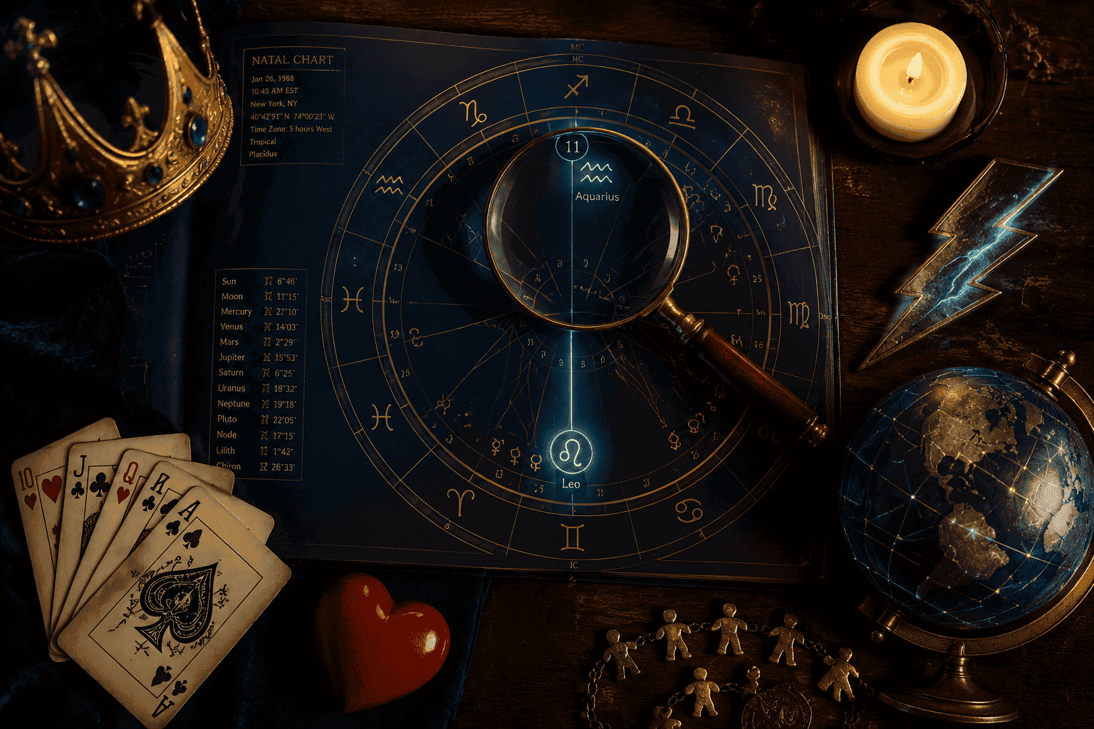 () top-down view of an open natal birth chart wheel on a dark wooden desk with a magnifying glass highlighting the 5th and