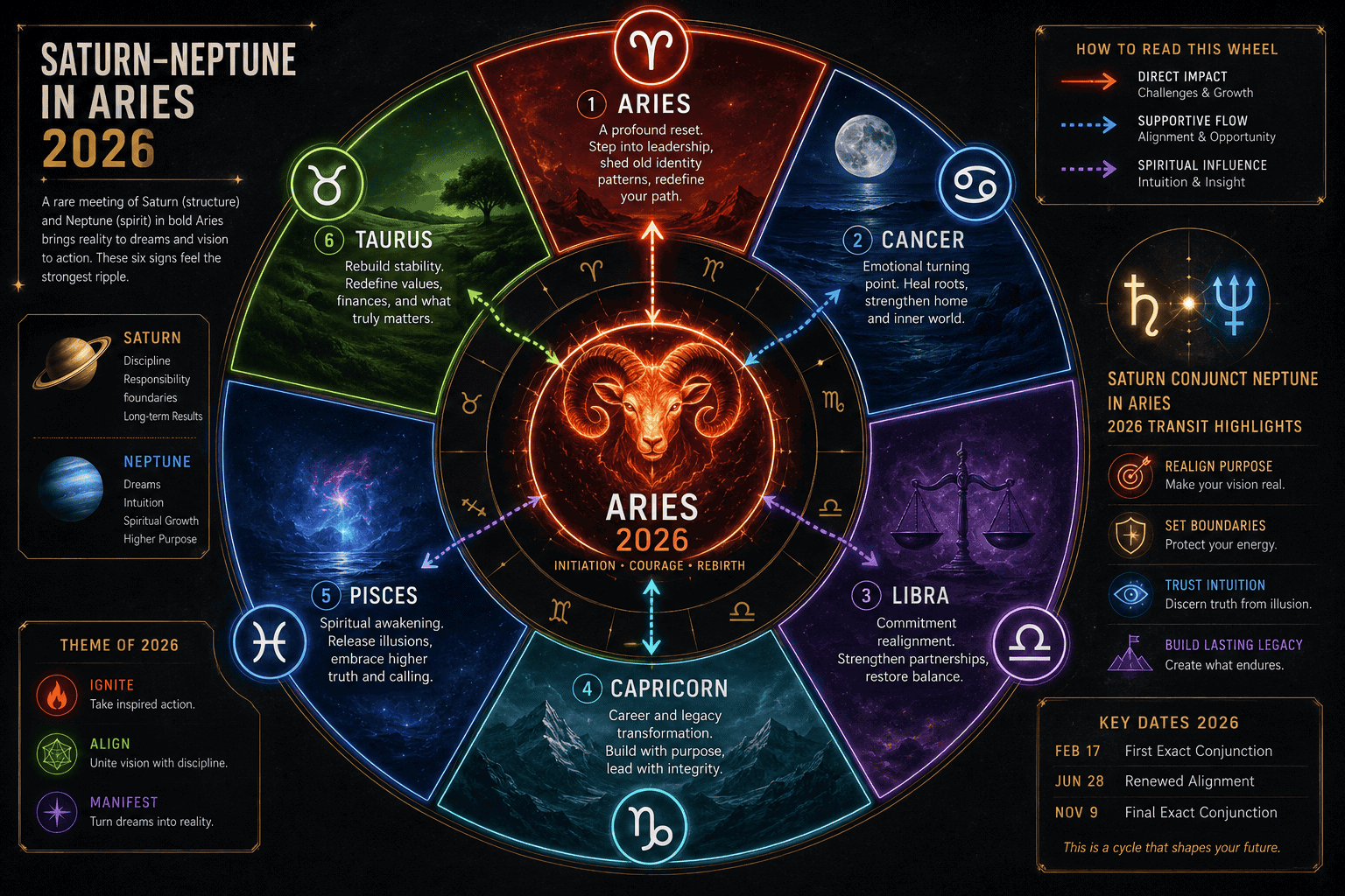 () top-down zodiac wheel infographic highlighting six zodiac signs most affected by Saturn-Neptune in Aries 2026: Aries,