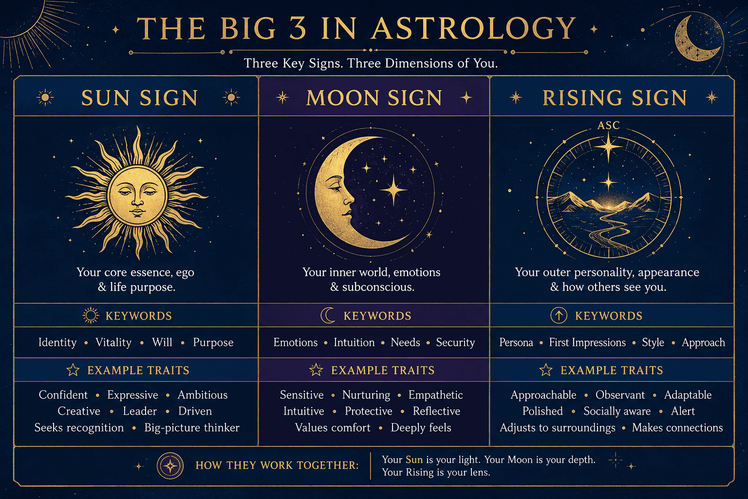 () visual comparison table graphic showing Sun Sign, Moon Sign, and Rising Sign in three columns with icons, keywords, and