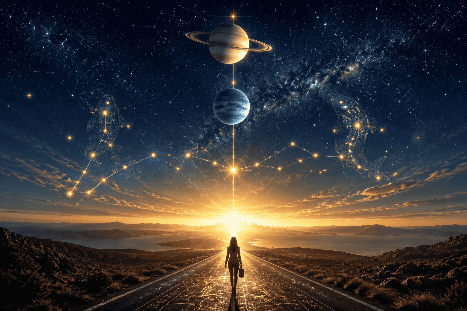 () wide-angle celestial scene showing Saturn and Neptune aligned at 0 degrees Aries above a glowing horizon, with a Pisces