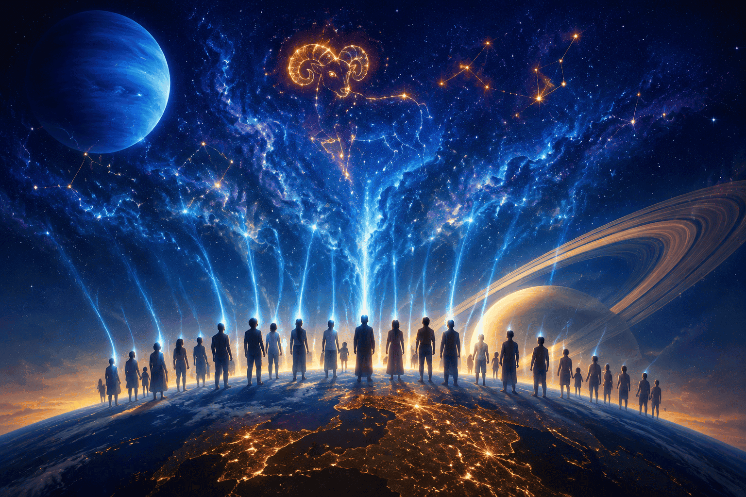 () wide-angle scene depicting a global consciousness visualization: silhouettes of diverse people standing on a curved Earth