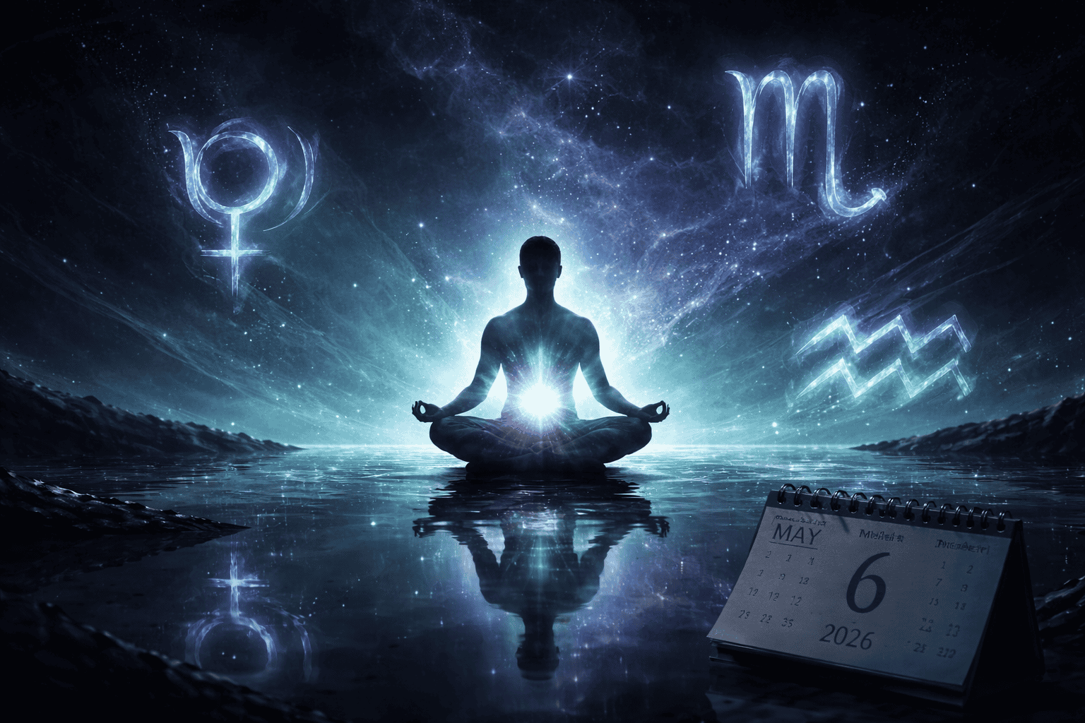 () wide-angle scene of a person seated in meditative pose on a reflective obsidian surface, surrounded by floating