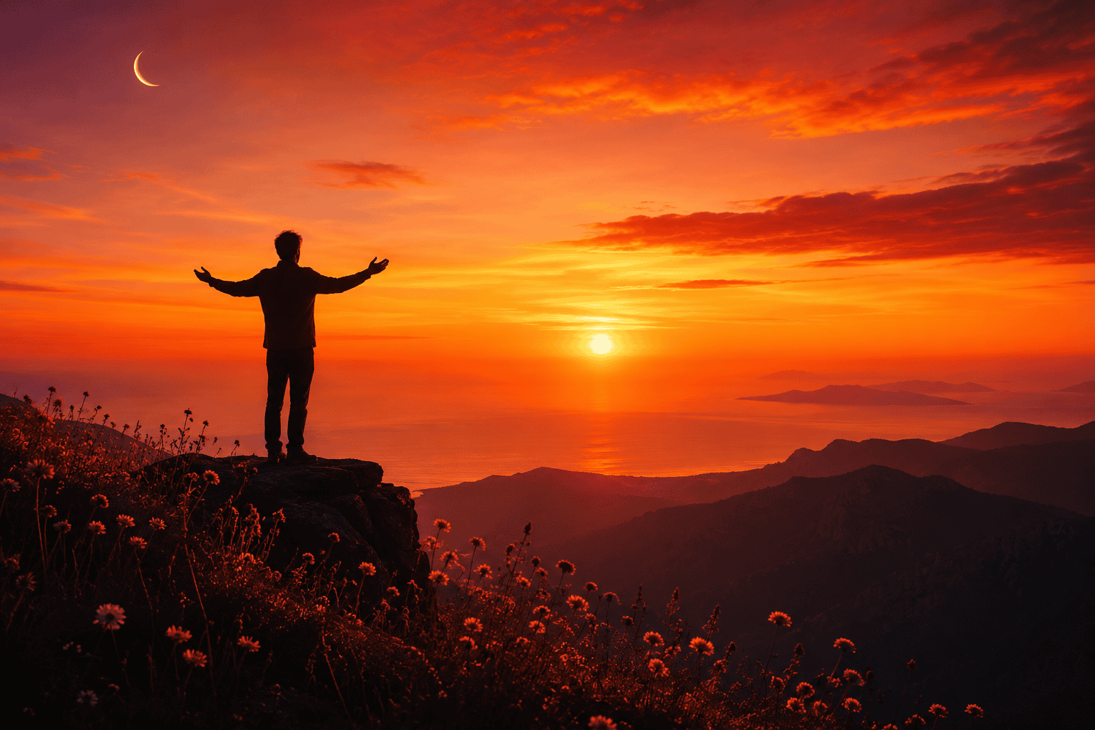 () wide-angle view of a person standing at the edge of a cliff at dawn, arms slightly raised, facing a vast orange-red