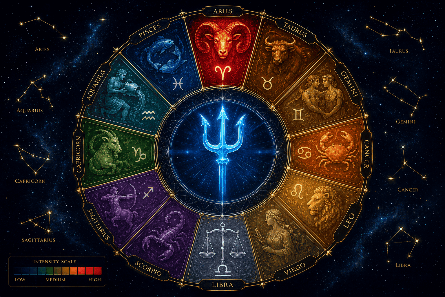 () zodiac wheel illustration highlighting the 12 signs with Aries at the top in bright crimson, Libra opposite in cool