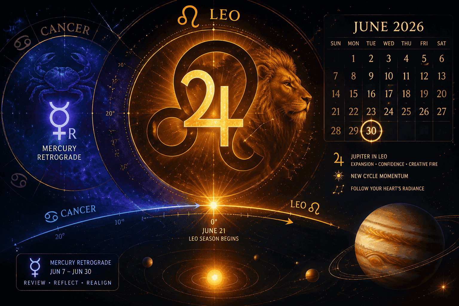 () astrological calendar illustration showing June 30 2026 date circled in gold on a cosmic calendar, with Jupiter's symbol