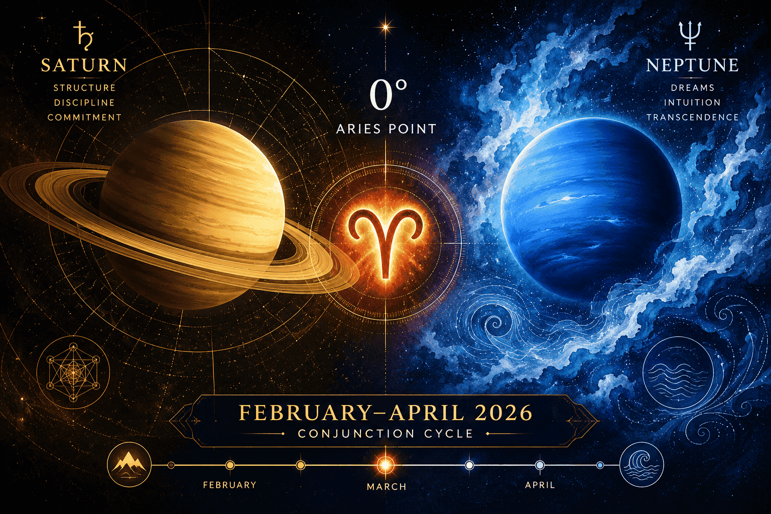 () educational illustration showing a split cosmic scene: left half features Saturn's golden ringed planet with geometric