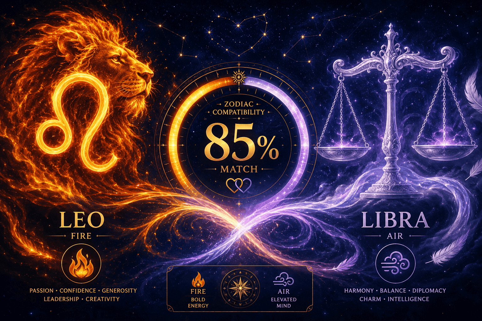() illustration showing Leo fire sign symbol blazing in warm amber and gold flames on the left, and Libra air sign scales